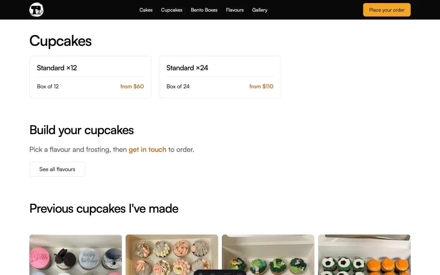 The cupcakes page showing box pricing and a gallery of past cupcakes