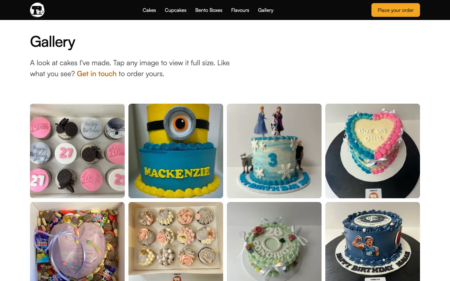 The Corey's Cakes gallery page — a grid of custom cakes including themed and novelty designs