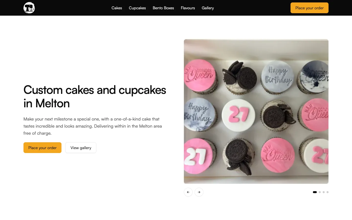 Corey's Cakes n Moore homepage showing a tray of custom decorated cupcakes