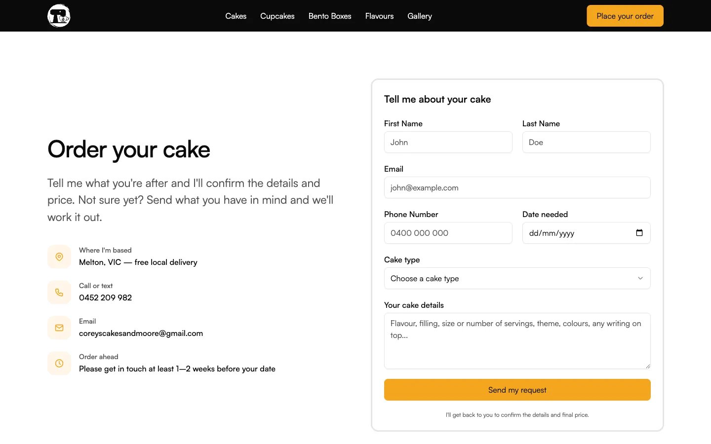 The order page with contact details and a structured cake enquiry form